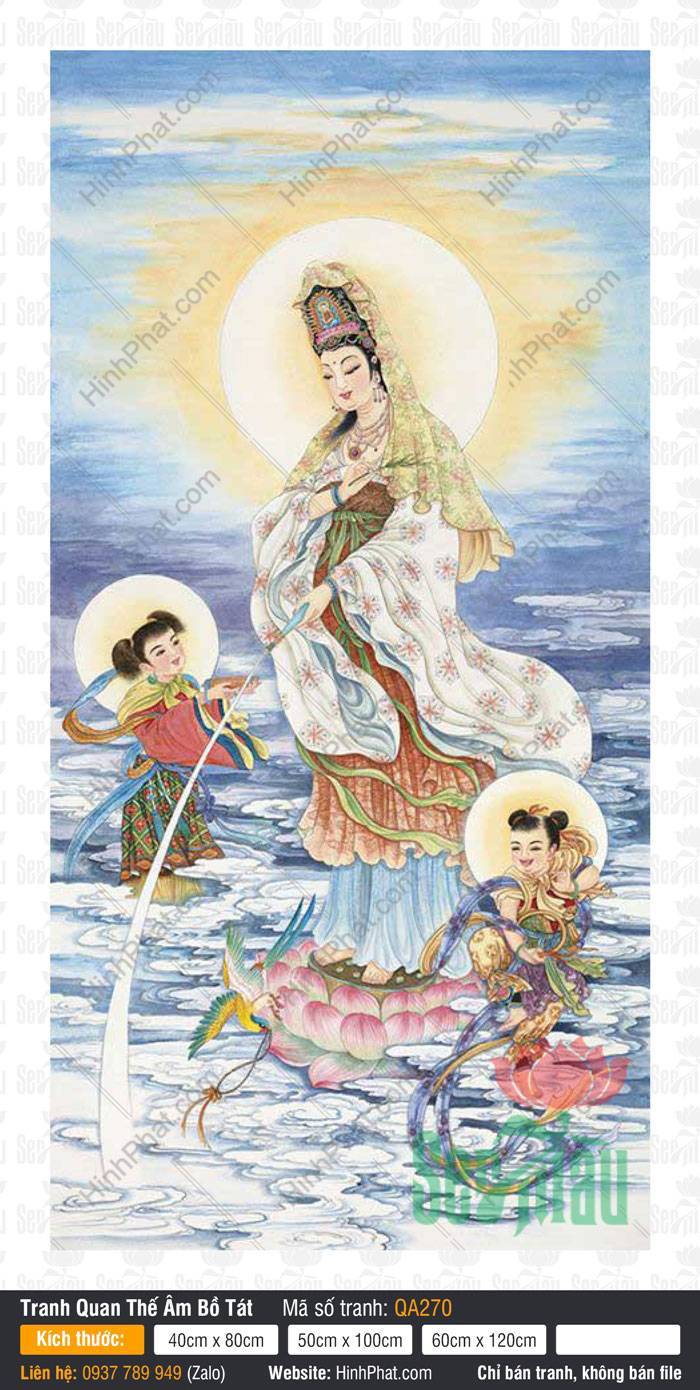 Tranh Quan Âm Bồ Tát Kích Thước Lớn QA270 Tranh Quan Âm Bồ Tát Kích Thước Lớn QA270 đứng đài sen cùng hai đồng tử
