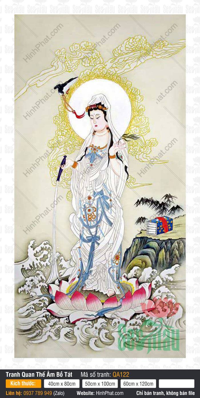 Tranh Quan Âm Bồ Tát QA122 Tranh Quan Âm Bồ Tát QA122 áo trắng đứng trên đài sen hồng giữa sóng bạc