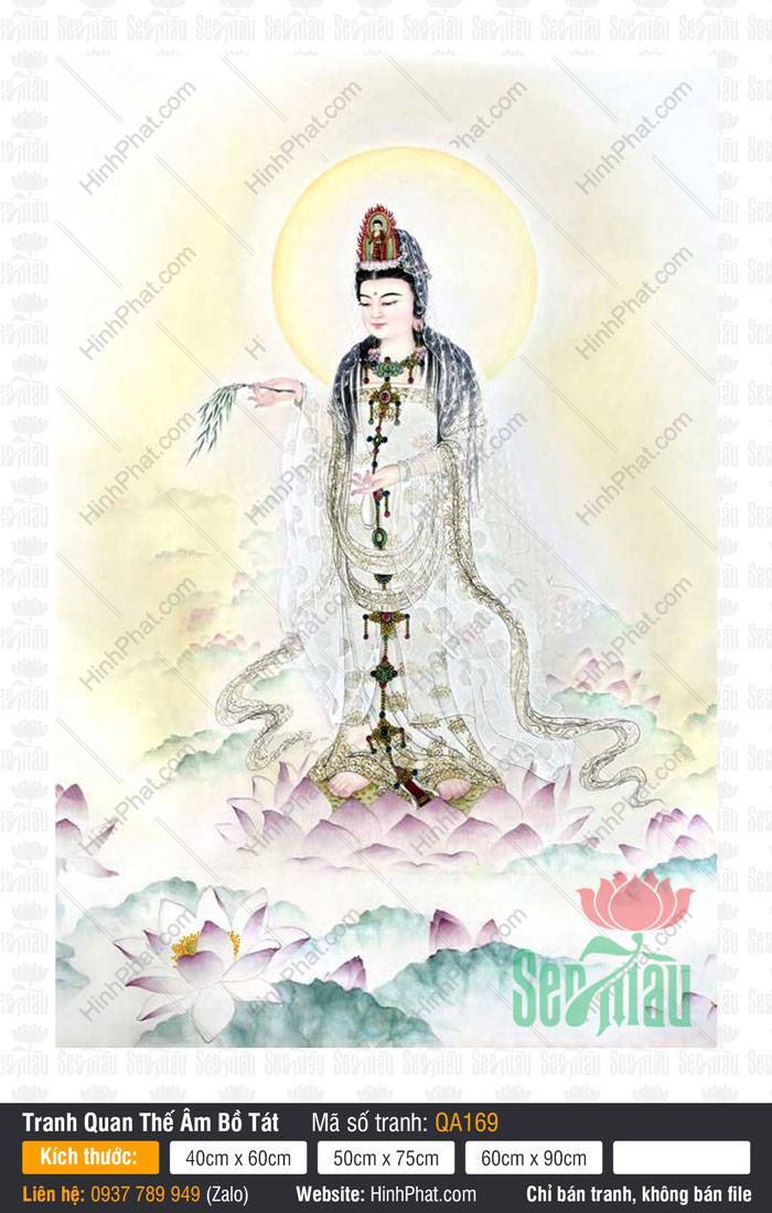 Tranh Quan Âm Bồ Tát QA169 Tranh Quan Âm Bồ Tát QA169 dáng đứng khoác áo trắng bên mây sen hồng