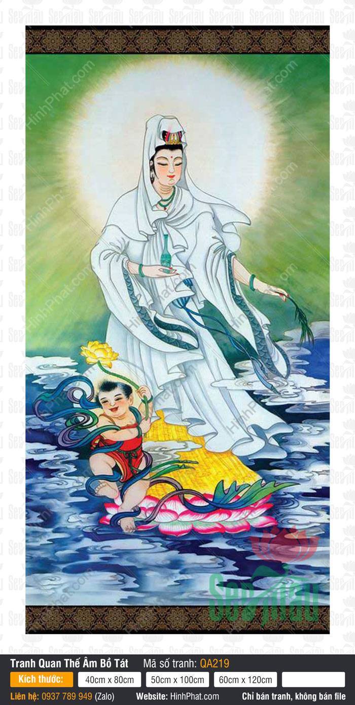 Tranh Quan Âm Bồ Tát QA219 Tranh Quan Âm Bồ Tát QA219 áo trắng bên đồng tử dâng hoa sen vàng