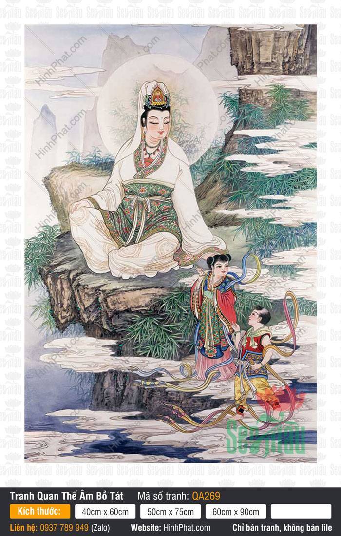 Tranh Quan Âm Bồ Tát QA269 Tranh Quan Âm Bồ Tát QA269 an tọa trên ghềnh đá bên hai đồng tử giữa cảnh trúc xanh