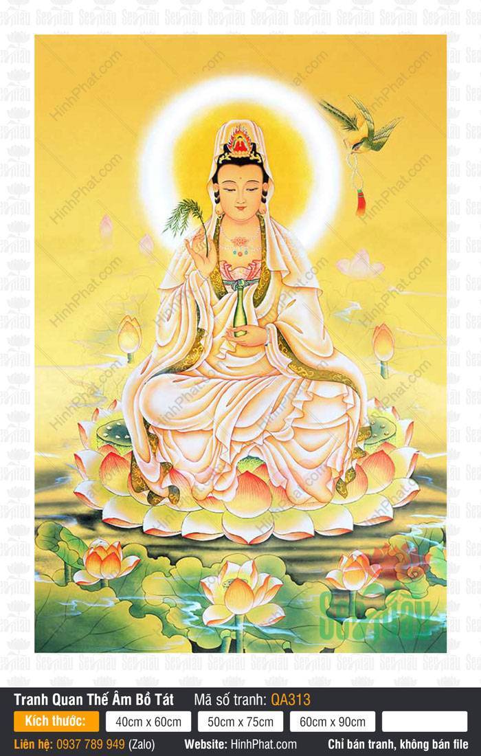 Tranh Quan Âm Bồ Tát QA313 Tranh Quan Âm Bồ Tát QA313 ngồi đài sen tay cầm dương liễu