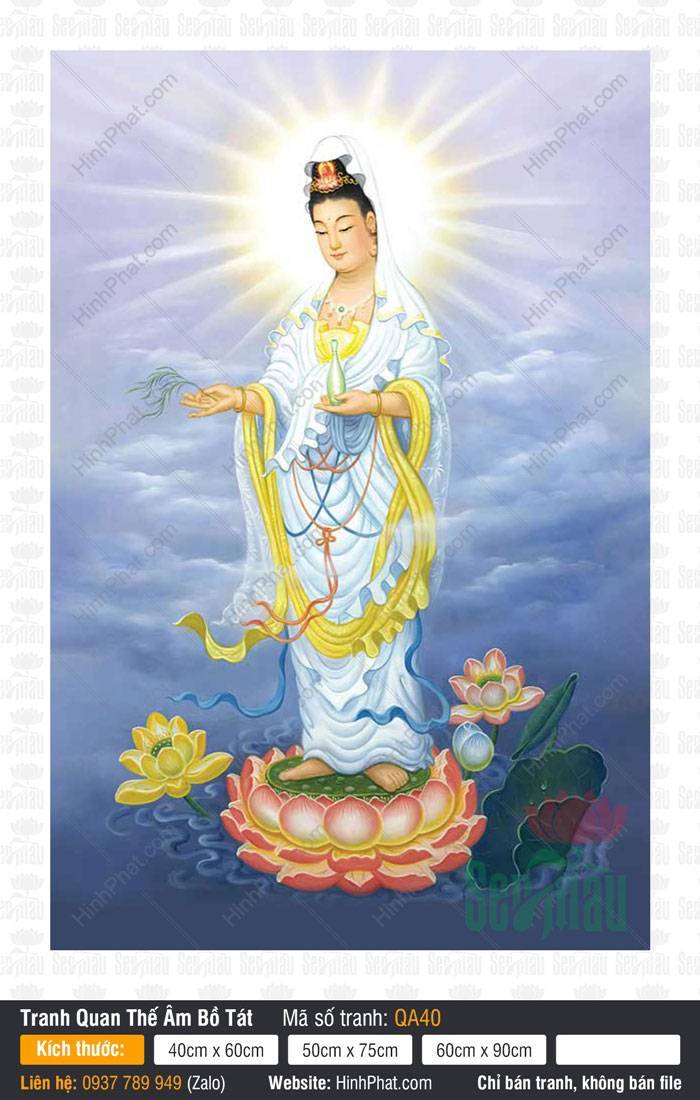 Tranh Quan Âm Bồ Tát QA40 Tranh Quan Âm Bồ Tát QA40 đứng trên đài sen hồng giữa nền mây trời