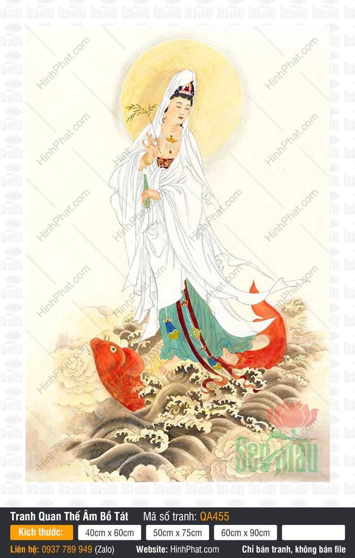 Tranh Quan Âm Bồ Tát QA455 Tranh Quan Âm Bồ Tát QA455 tôn tượng mặc y trắng đứng trên cá chép đỏ giữa biển
