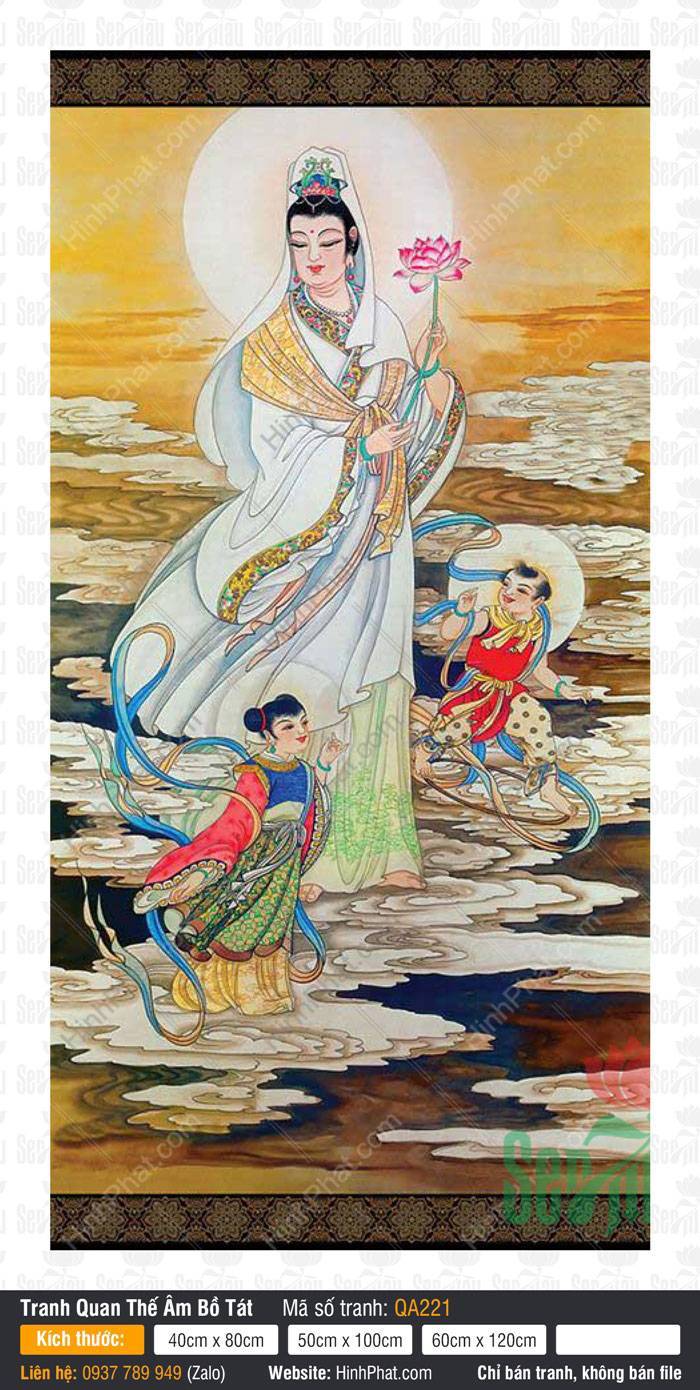 Tranh Quan Âm Bồ Tát Size Lớn QA221 Tranh Quan Âm Bồ Tát Size Lớn QA221 tay cầm hoa sen hồng ngự trên mây cùng hai đồng tử