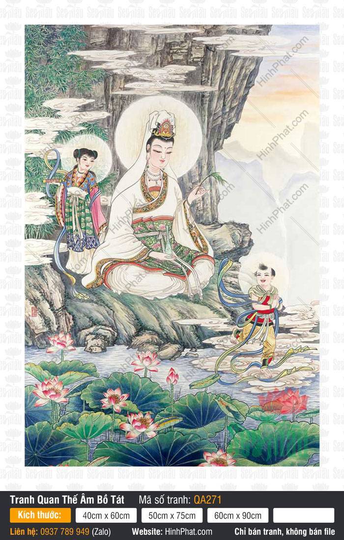 Tranh Quan Âm Bồ Tát Size Lớn QA271 Tranh Quan Âm Bồ Tát Size Lớn QA271 an tọa ghềnh đá bên hồ sen hồng