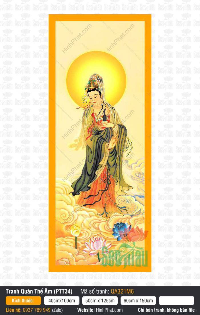 Tranh Quan Thế Âm Bồ Tát Đẹp, Quantheam QA321M6 Tranh Quan Thế Âm Bồ Tát đẹp QA321M6 áo xanh đứng giữa tầng mây vàng tỏa hào quang