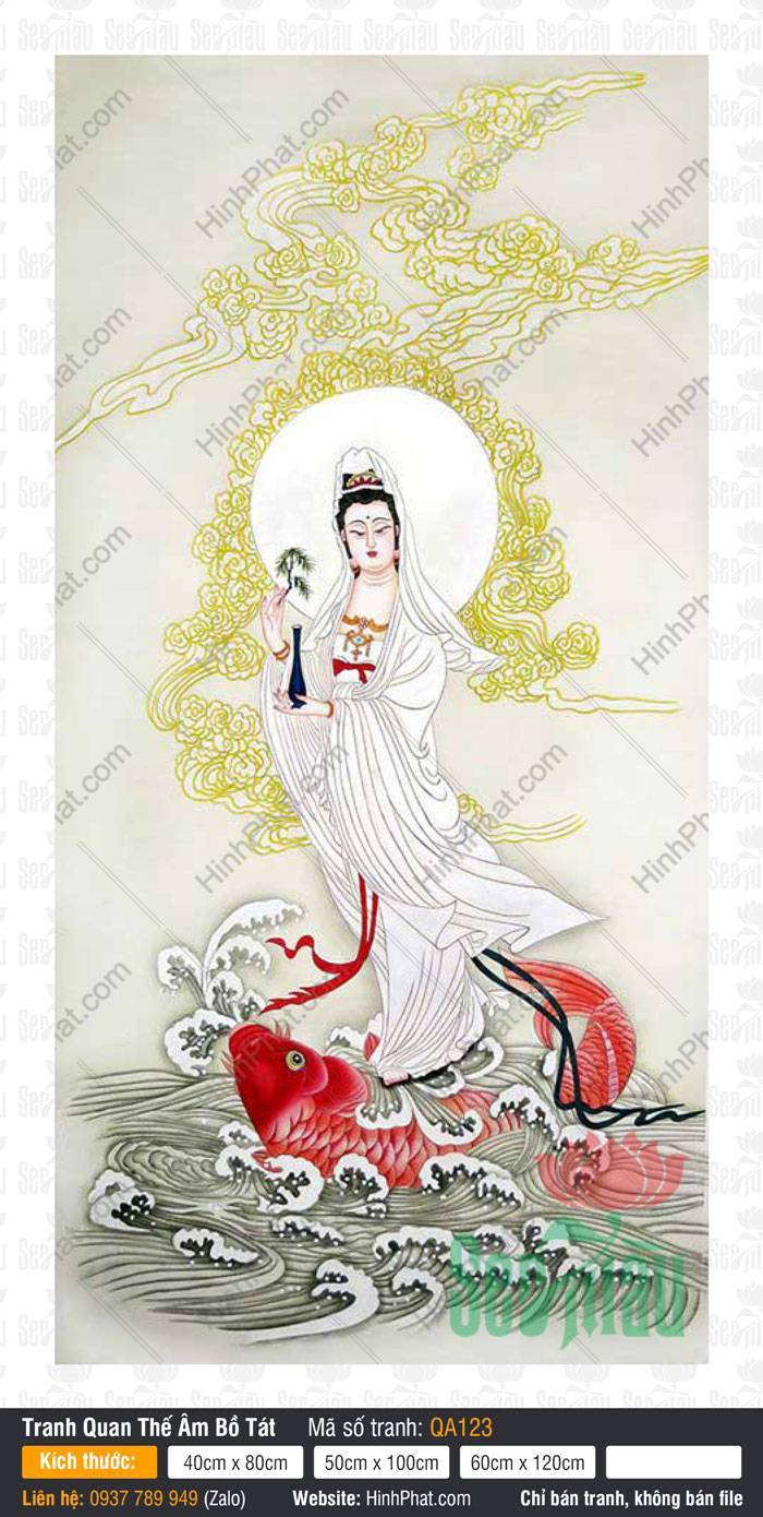 Tranh Quan Thế Âm Bồ Tát QA123 Tranh Quan Thế Âm Bồ Tát QA123 khoác y áo trắng đứng trên cá chép đỏ