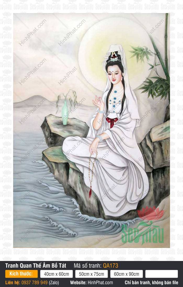 Tranh Quan Thế Âm Bồ Tát QA173 Tranh Quan Thế Âm Bồ Tát QA173 ngồi an nhiên trên ghềnh đá bên dòng nước