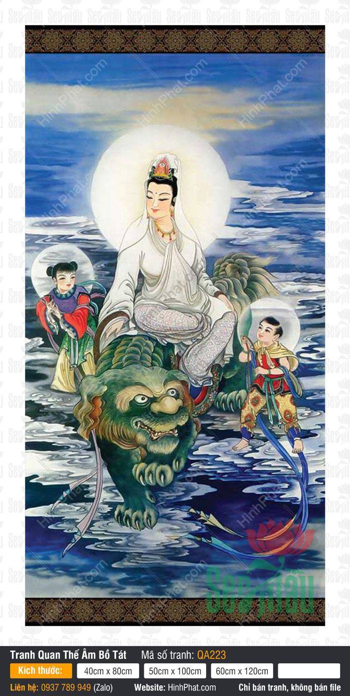 Tranh Quan Thế Âm Bồ Tát QA223 Tranh Quan Thế Âm Bồ Tát QA223 an tọa trên linh thú xanh giữa biển mây cuộn sóng