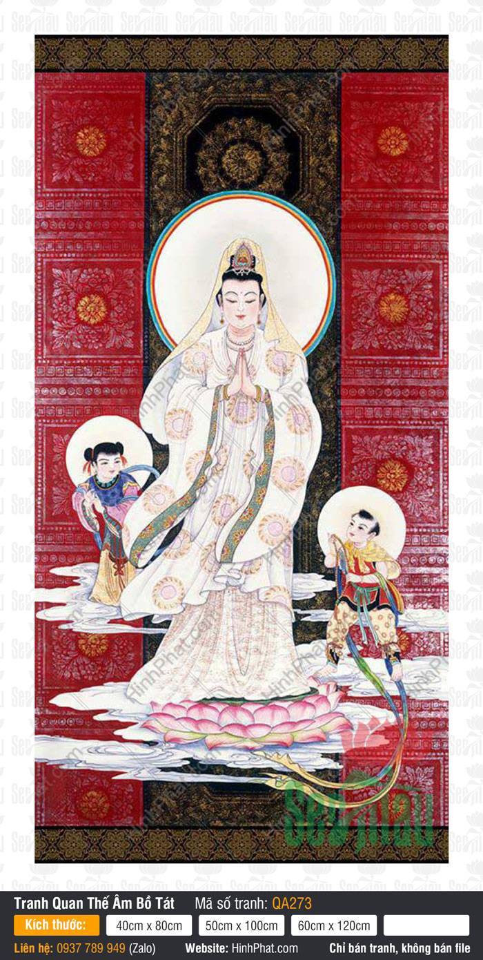 Tranh Quan Thế Âm Bồ Tát QA273 Tranh Quan Thế Âm Bồ Tát QA273 áo trắng chắp tay trên đài sen hồng bên đồng tử
