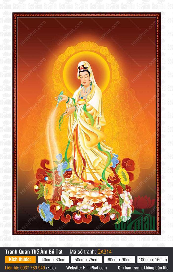 Tranh Quan Thế Âm Bồ Tát QA314 Tranh Quan Thế Âm Bồ Tát QA314 đứng đài sen rưới nước cam lộ nền vàng cam