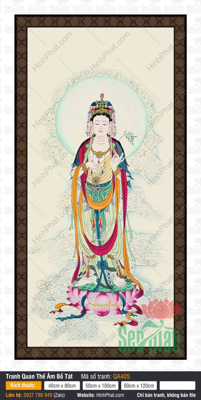 Tranh Quan Thế Âm Bồ Tát QA405 Tranh Quan Thế Âm Bồ Tát QA405 mặc y phục đỏ rực rỡ đứng trên đài sen hồng giữa mây