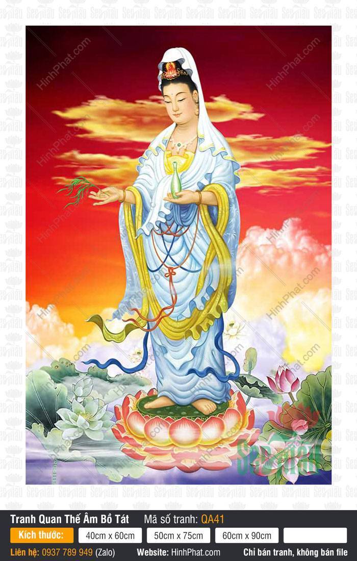 Tranh Quan Thế Âm Bồ Tát QA41 Tranh Quan Thế Âm Bồ Tát QA41 dáng đứng đài sen y phục xanh dải lụa vàng nền trời đỏ