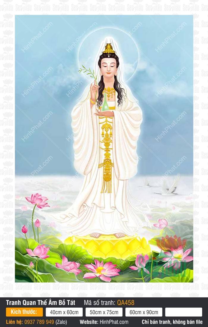 Tranh Quán Thế Âm Bồ Tát QA458 Tranh Quán Thế Âm Bồ Tát QA458 tôn tượng y trắng đứng trên đài sen vàng rực rỡ