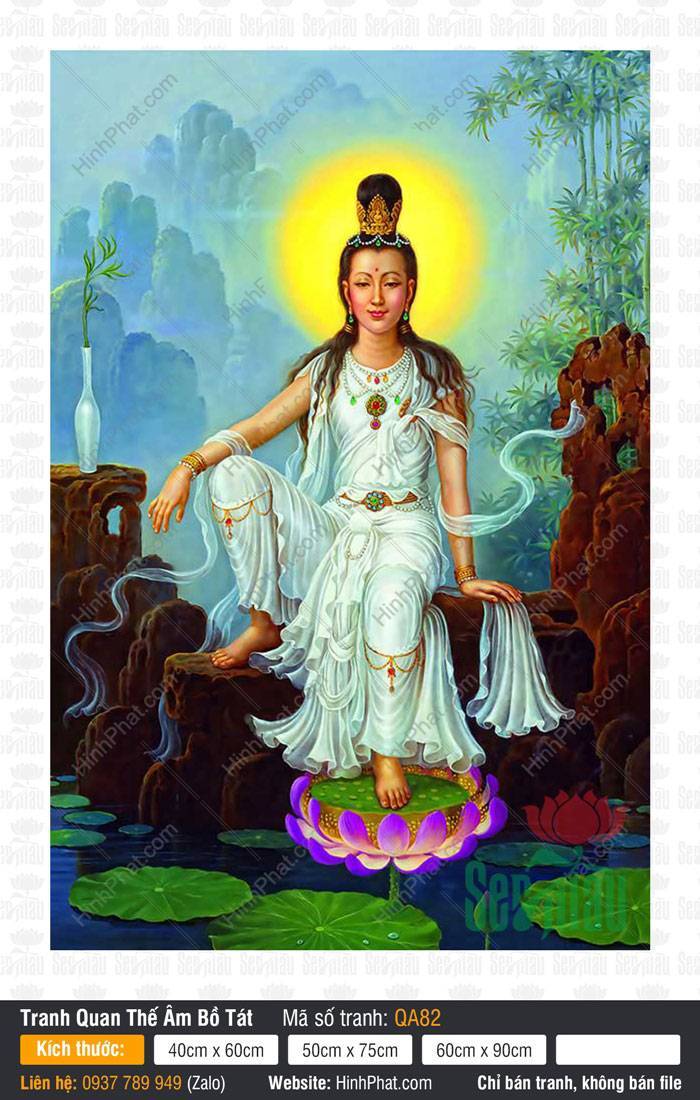 Tranh Quan Thế Âm Bồ Tát QA82 Tranh Quan Thế Âm Bồ Tát QA82 tự tại trên đá bên hoa sen tím