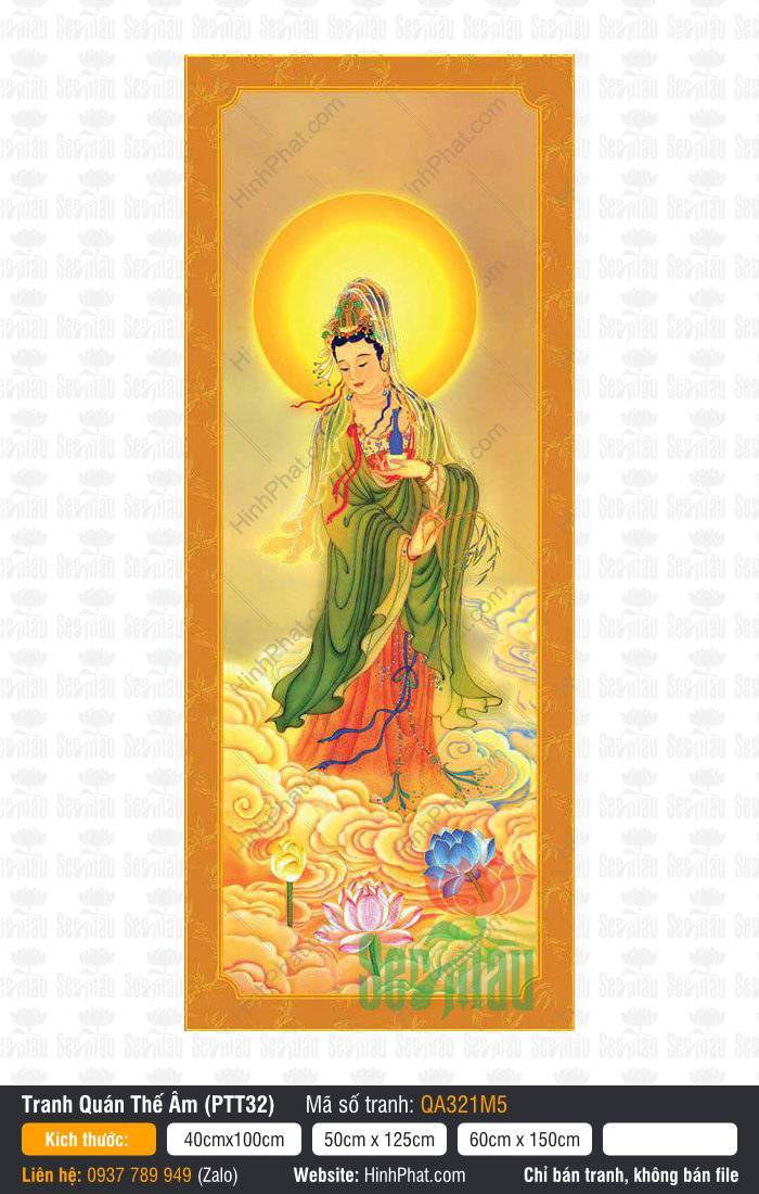 Tranh Quan Thế Âm Bồ Tát, Tranh Phật Đẹp QA321M5 Bức Tranh Quan Thế Âm Bồ Tát, Tranh Phật Đẹp QA321M5 khoác áo xanh đứng trên mây vàng