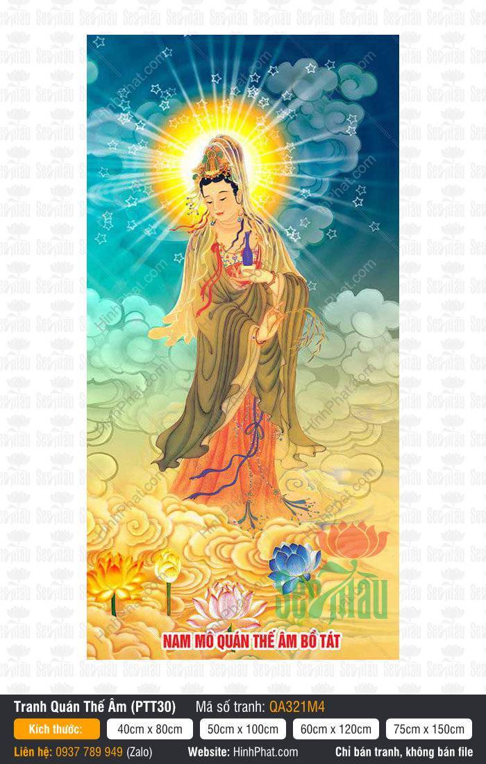 Tranh Quan Thế Âm, Hình Quan Thế Âm Đẹp QA321M4 Tranh Quan Thế Âm, Hình Quan Thế Âm Đẹp QA321M4 khoác y xanh đứng mây vàng
