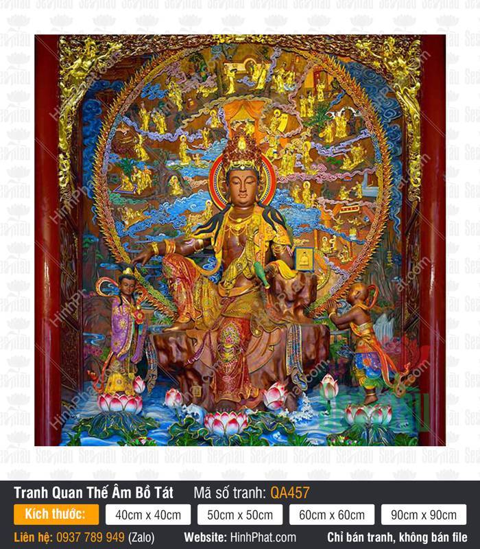 Tranh Quán Thế Âm QA457 Tranh Quán Thế Âm QA457 khắc họa Bồ Tát ngự tự tại giữa hào quang quần tiên và khung vàng