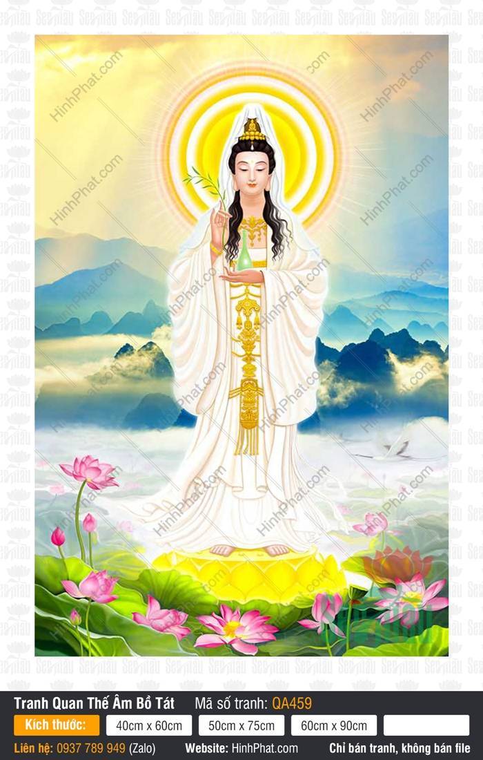 Tranh Thờ Quan Thế Âm Bồ Tát QA459 Tranh Thờ Quan Thế Âm Bồ Tát QA459 đứng trên đài sen vàng giữa hồ sen và núi xanh
