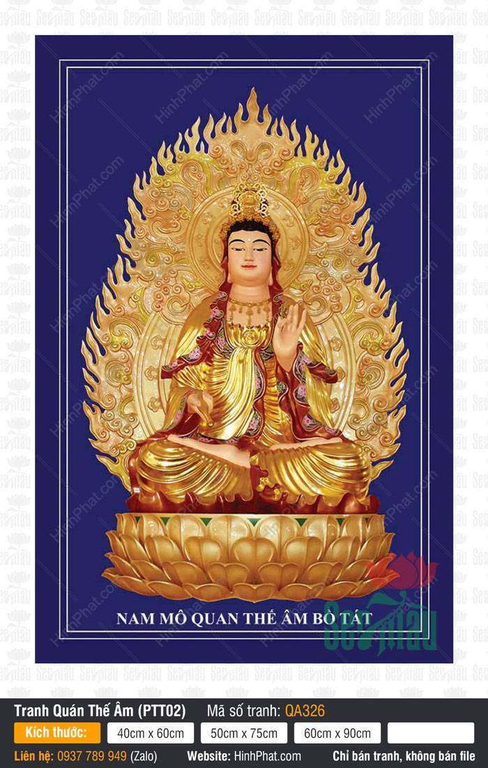 Quan Thế Âm, Tranh Quan Âm, Hình Quan Âm QA326 Quan Thế Âm QA326 an tọa đài sen vàng nổi bật trên nền xanh lam đậm