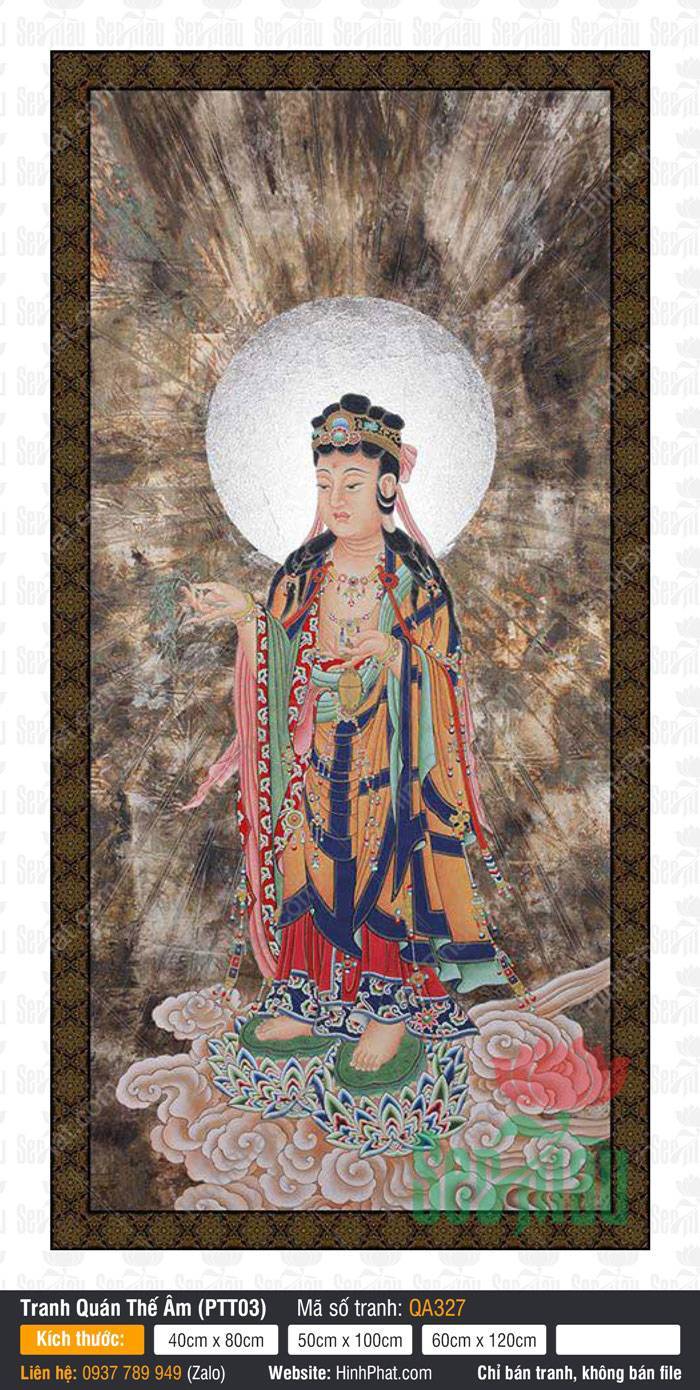 Quán Thế Âm, Tranh Quán Thế Âm Đẹp Nhất QA327 Quán Thế Âm, Tranh Quán Thế Âm Đẹp Nhất QA327 đứng ngự đài sen cổ