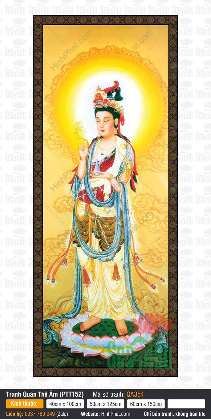 Quán Thế Âm QA354 Hình Quán Thế Âm QA354 đứng trên đài sen hồng giữa nền mây vàng và hào quang rực rỡ
