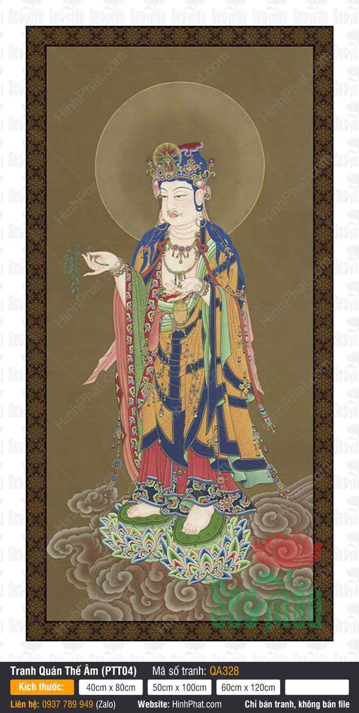 Quan Thế Âm Bồ Tát, Tranh Quan Thế Âm Đẹp QA328 Quan Thế Âm Bồ Tát, Tranh Quan Thế Âm Đẹp QA328 phong cách cổ điển ngự đài sen