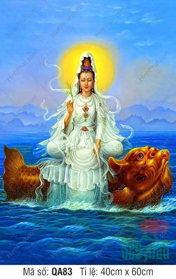 Ảnh Phật Quan Âm Đẹp Nhất QA83, Bồ Tát Cưỡi Linh Ngư Vàng