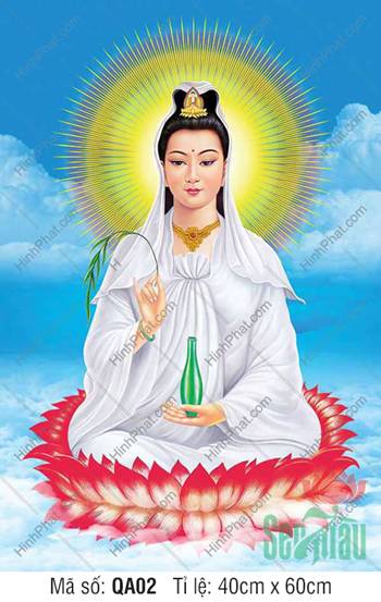 Bồ Tát Quán Thế Âm QA02 khoác áo trắng ngự đài sen đỏ