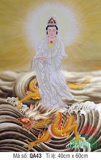 Bồ Tát Quán Thế Âm QA43, dáng đứng cưỡi rồng vàng cuộn sóng