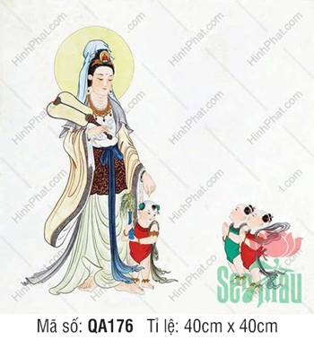 Đức Quan Thế Âm Bồ Tát QA176, Quan Âm cầm quạt bên ba đồng tử
