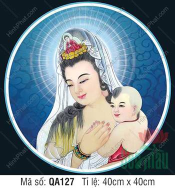 Hình Ảnh Bồ Tát Quán Thế Âm QA127, Quan Âm bồng đồng tử yếm đỏ