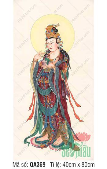 Hình Ảnh Bồ Tát Quán Thế Âm - Size Lớn QA369, tôn ảnh y phục đỏ thêu hoa văn cổ