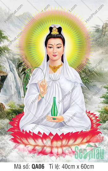 Hình Ảnh Phật Quan Âm Đẹp QA06, Quan Âm áo trắng ngự tòa sen hồng