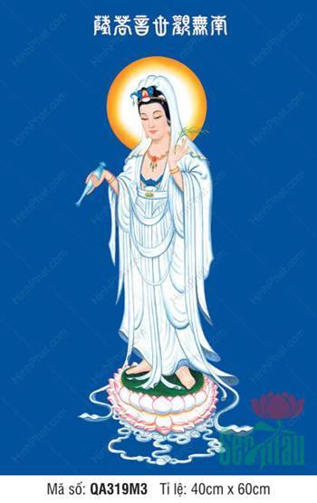 Hình Ảnh Quan Thế Âm Bồ Tát Đẹp Nhất QA319M3, y áo trắng nền xanh