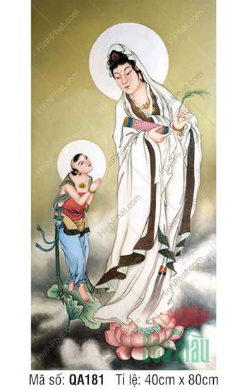 Hình Ảnh Quan Thế Âm Bồ Tát Đẹp QA181, đứng đài sen cùng đồng tử