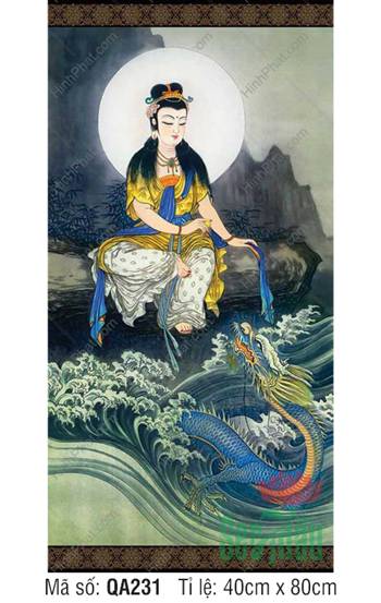 Hình Ảnh Quan Thế Âm Bồ Tát Đẹp QA231 bên sóng nước và rồng xanh