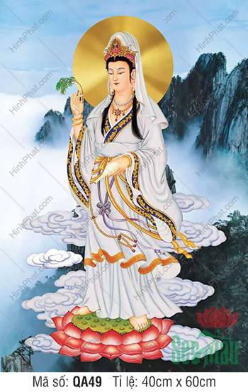 Hình Ảnh Quan Thế Âm Bồ Tát Đẹp QA49, y áo trắng ngự đứng đài sen