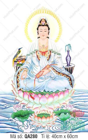 Hình Ảnh Quan Thế Âm Bồ Tát QA280, an tọa sen hồng tay cầm kinh