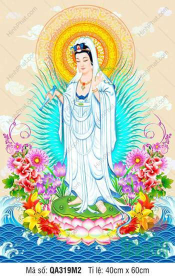 Hình Ảnh Quan Thế Âm Bồ Tát QA319M2, đứng đài sen giữa hoa sóng
