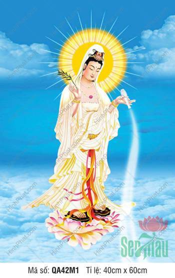 Hình Ảnh Quan Thế Âm Bồ Tát QA42M1, đứng đài sen rưới cam lộ