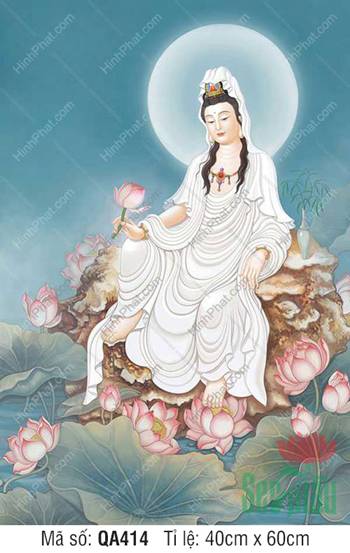 Hình Bồ Tát Quan Âm QA414, tôn ảnh y trắng ngự hồ sen