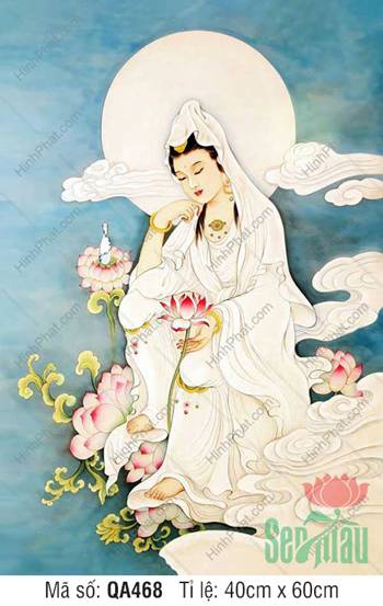 Hình Bồ Tát Quan Âm QA468, Đức Quan Âm y trắng tựa má thanh tao