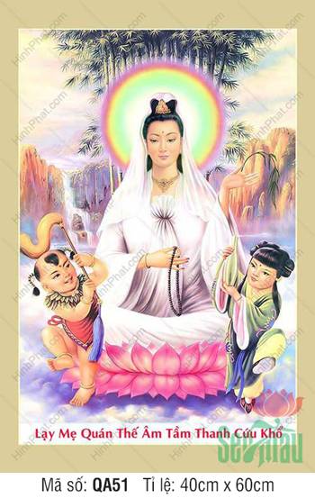 Hình Bồ Tát Quan Âm QA51, áo trắng tọa sen bên Thiện Tài Long Nữ