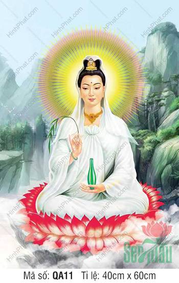 Hình Bồ Tát Quan Thế Âm QA11, áo trắng ngự sen đỏ núi xanh