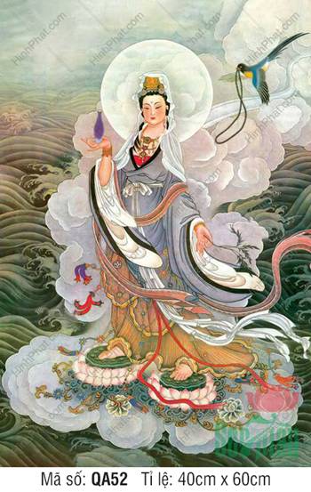 Hình Bồ Tát Quan Thế Âm QA52, y áo xám ngự đứng hai đài sen