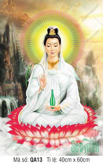 Hình Đẹp Nhất Về Phật Quan Âm Bồ QA13, ngự tòa sen đỏ nền sơn thủy