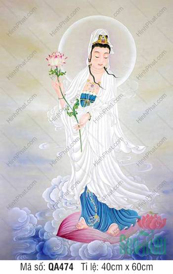 Hình Mẹ Quan Âm Đẹp Nhất QA474, tôn ảnh y trắng đứng cánh sen hồng