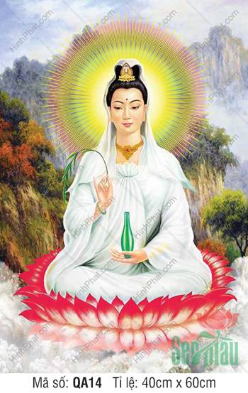 Hình Mẹ Quan Âm QA14, ngự sen đỏ bên núi rừng mờ sương